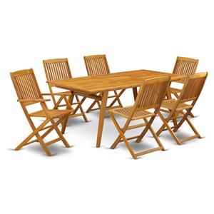 East West Furniture Denison 7-piece Wood Outdoor Table Set in Natural Oil