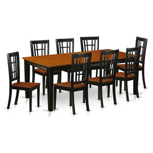 east west furniture quincy 9-piece wood table and dining chairs in black/cherry