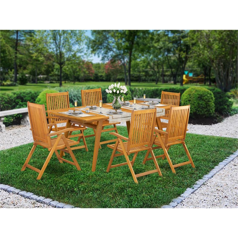 East West Furniture Denison 7-piece Wood Patio Table Set in Natural Oil