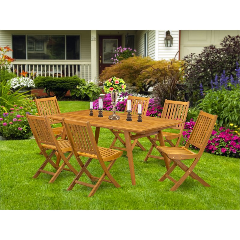 East West Furniture Denison 7-piece Wood Patio Dining Set in Natural Oil