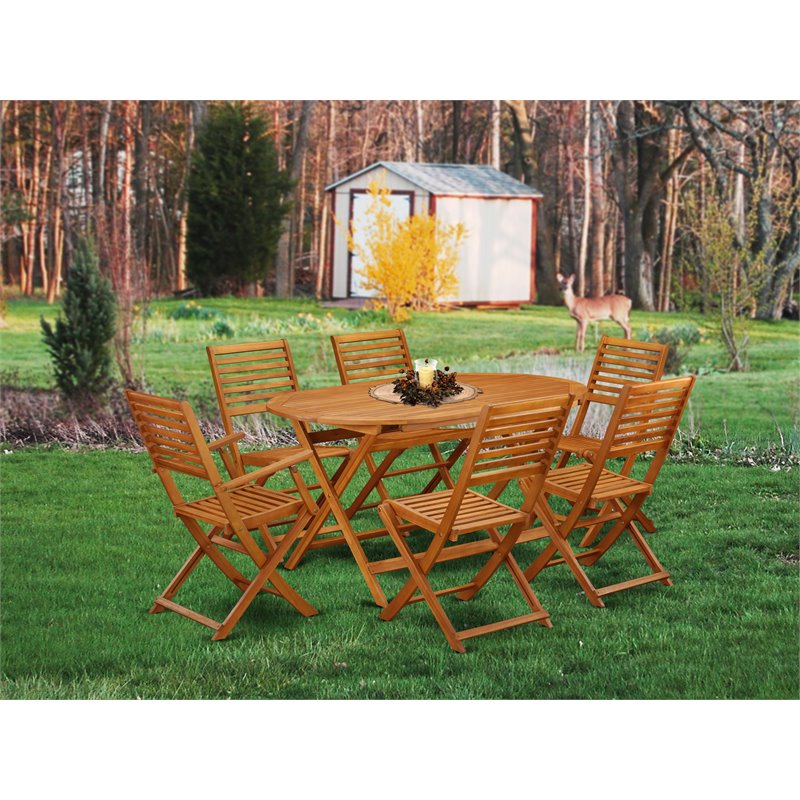 East West Furniture Diboll 7-piece Wood Backyard Set in Natural Oil