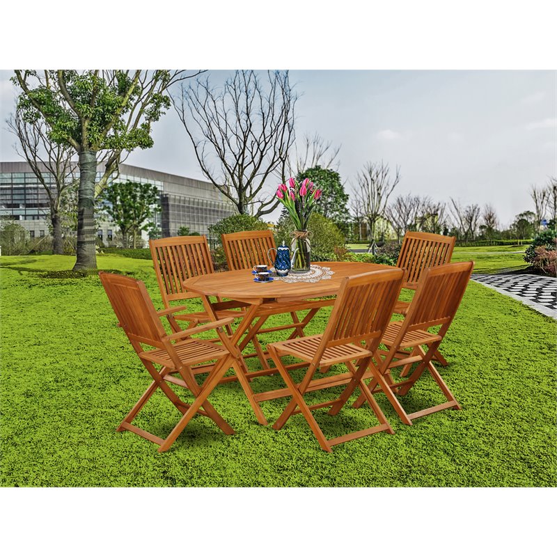 East West Furniture Diboll 7-piece Wood Outdoor Dining Set in Natural Oil