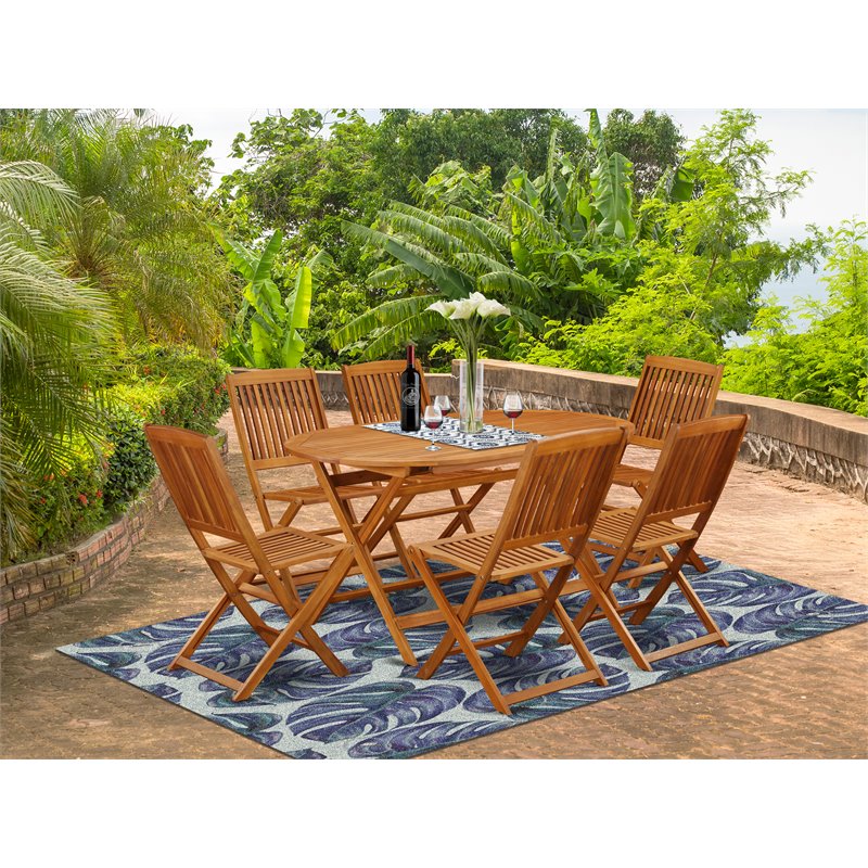 East West Furniture Diboll 7-piece Wood Patio Set in Natural Oil