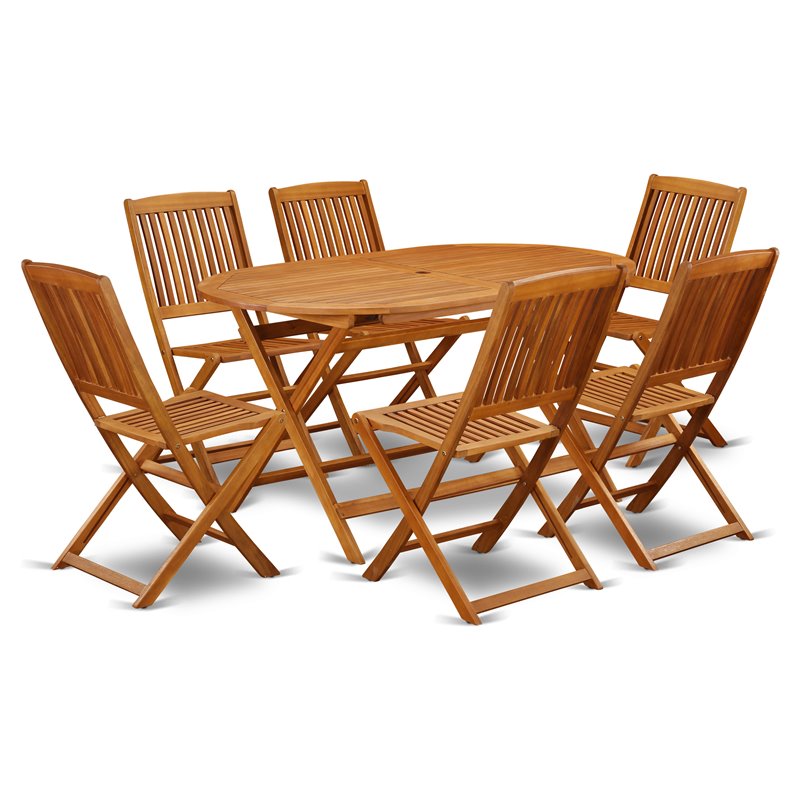 East West Furniture Diboll 7-piece Wood Patio Set in Natural Oil