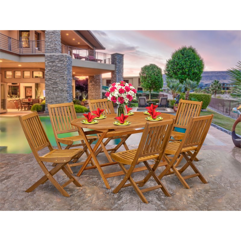 East West Furniture Diboll 7-piece Wood Patio Dining Set in Natural Oil