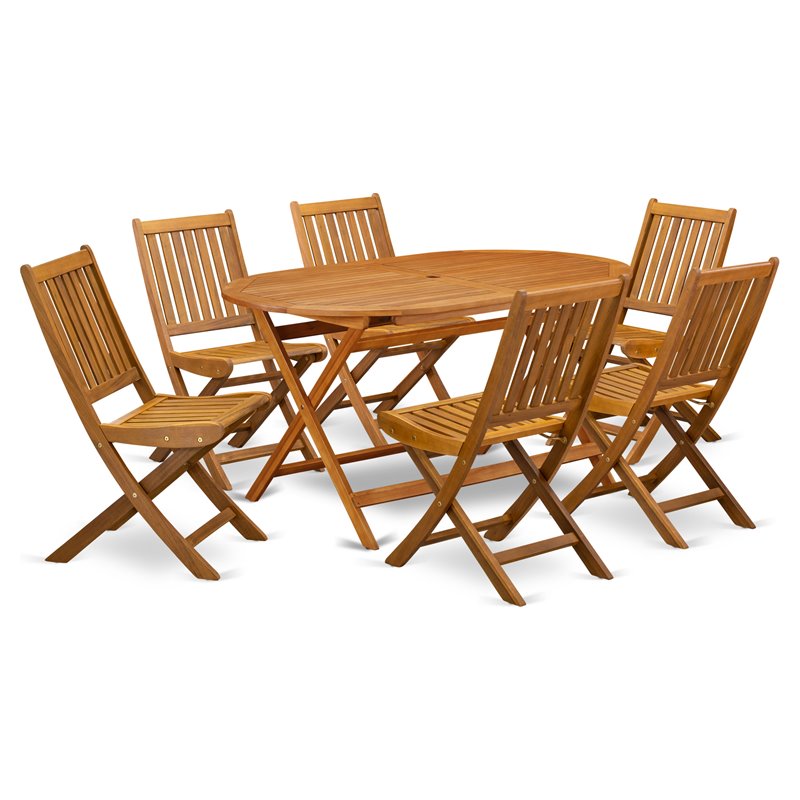 East West Furniture Diboll 7-piece Wood Patio Dining Set in Natural Oil