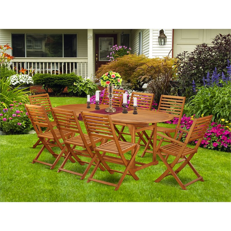 East West Furniture Beasley 9-piece Wood Patio Dining Set in Natural Oil