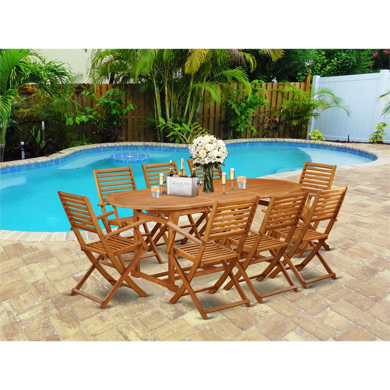 East West Furniture Beasley 9-piece Wood Outside Patio Dining Set in Natural Oil