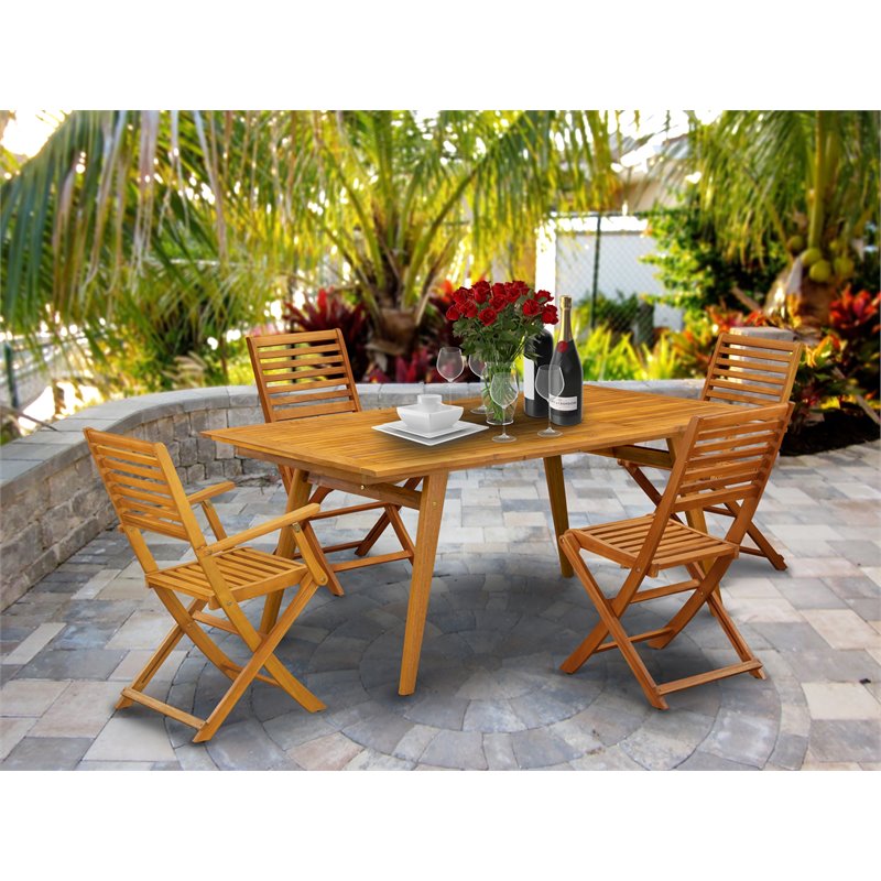 East West Furniture Denison 5-piece Wood Outdoor Dining Set in Natural Oil