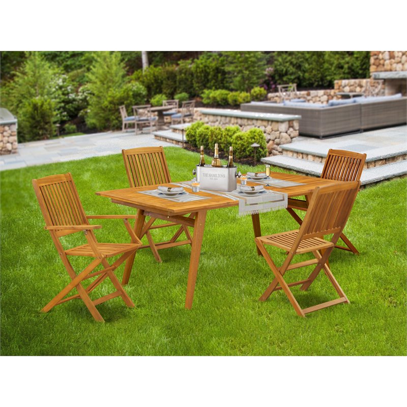 East West Furniture Denison 5-piece Patio Dining Set w/ Slat Back in Natural Oil