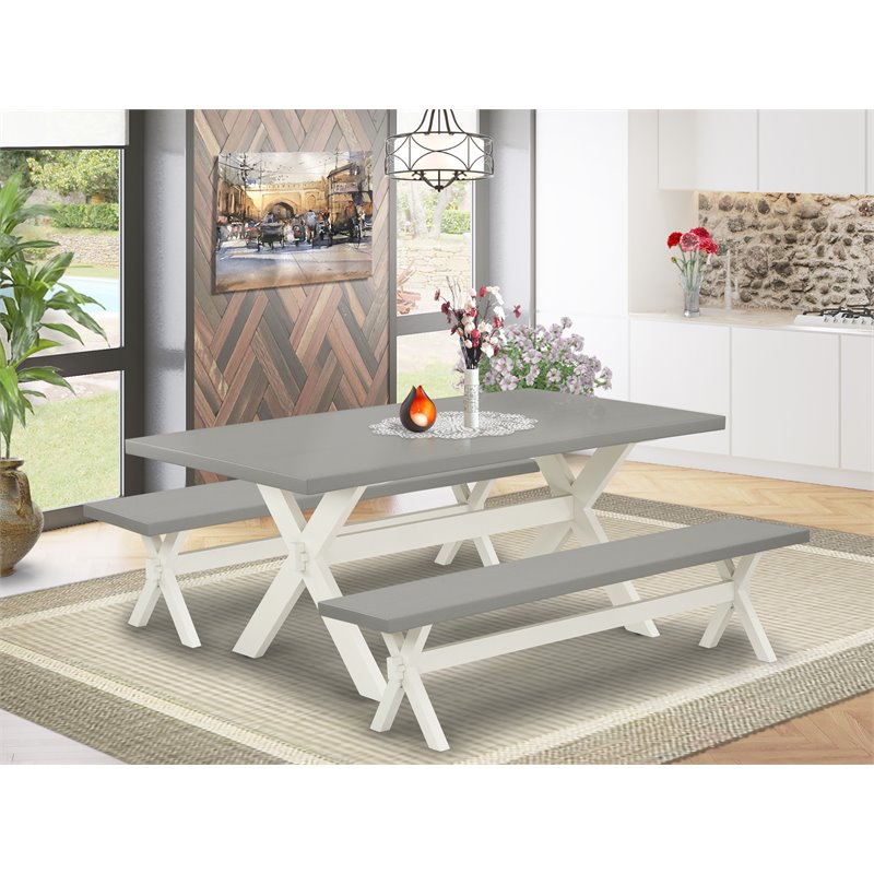East West Furniture X-Style 3-piece Wood Dining Table and Bench Set in White