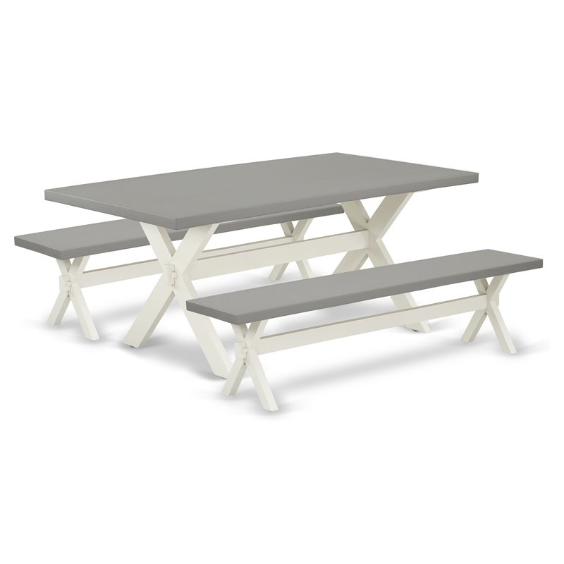 East West Furniture X-Style 3-piece Wood Dining Table and Bench Set in White