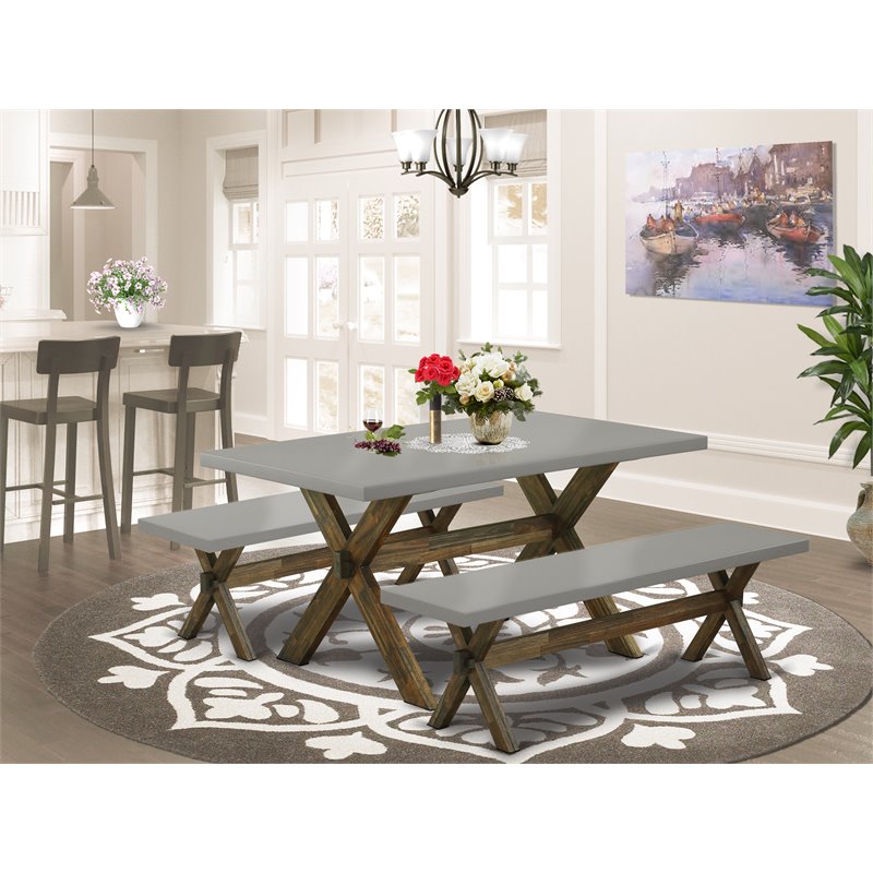 East West Furniture X-Style 3-piece Wood Dining Table and Bench Set in Brown