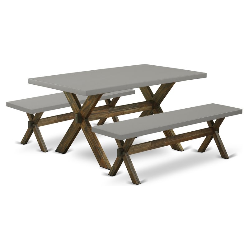 East West Furniture X-Style 3-piece Wood Dining Table and Bench Set in Brown