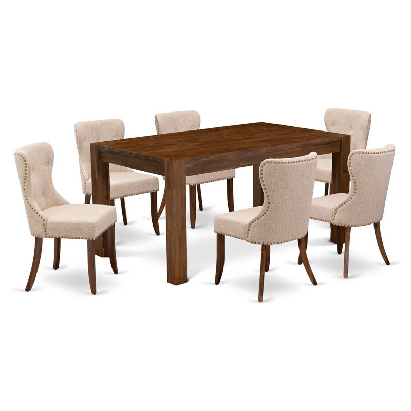 East West Furniture Celina 7-piece Wood Dining Set in Natural/Light Tan