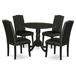 East West Furniture Dublin 5-piece Wood Dining Set with Leather Seat in Black