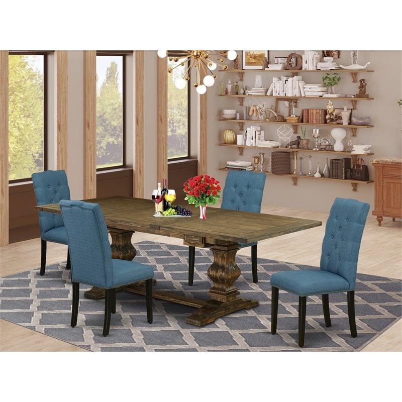 East West Furniture Lassale 5-piece Wood Dining Set in Brown/Mineral Blue