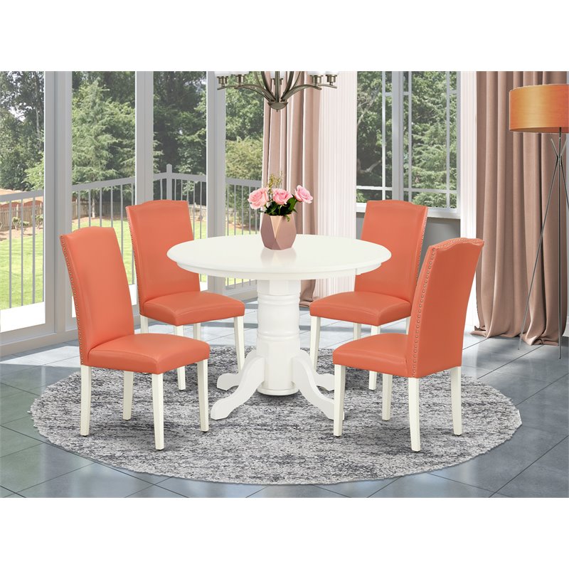 East West Furniture Shelton 5-piece Wood Dining Set in Linen White/Pink Flamingo