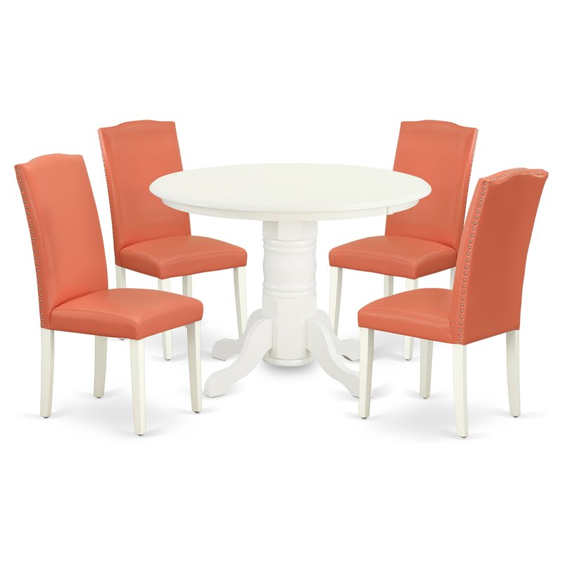 East West Furniture Shelton 5-piece Wood Dining Set in Linen White/Pink Flamingo