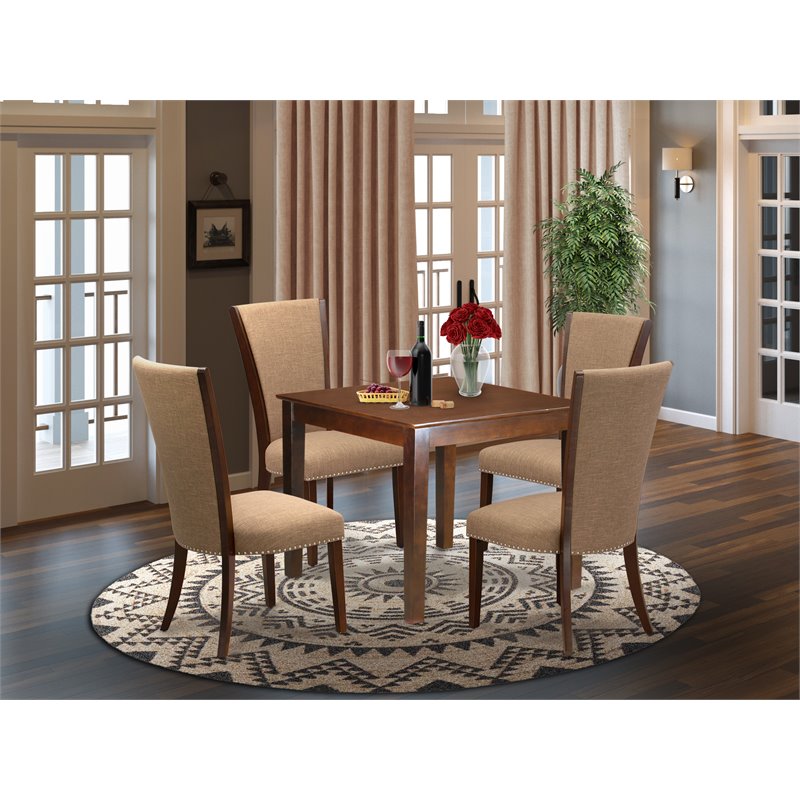 East West Furniture Oxford 5-piece Wood Dining Set with Fabric Seat in Mahogany