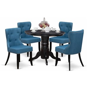 east west furniture shelton 5-piece wood dining set in black/mineral blue