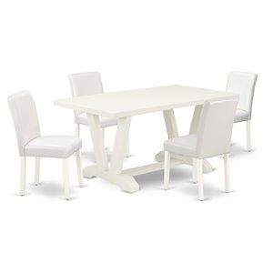 East West Furniture V-Style 5-piece Wood Dining Set with Leather Seat in White