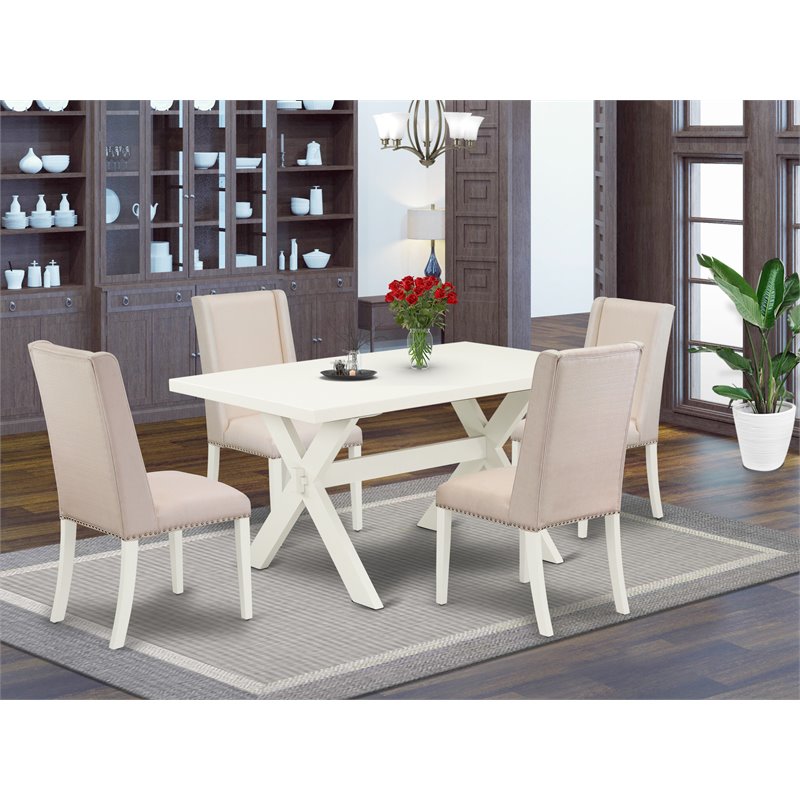 East West Furniture X-Style 5-piece Wood Dining Set with Fabric Seat in White