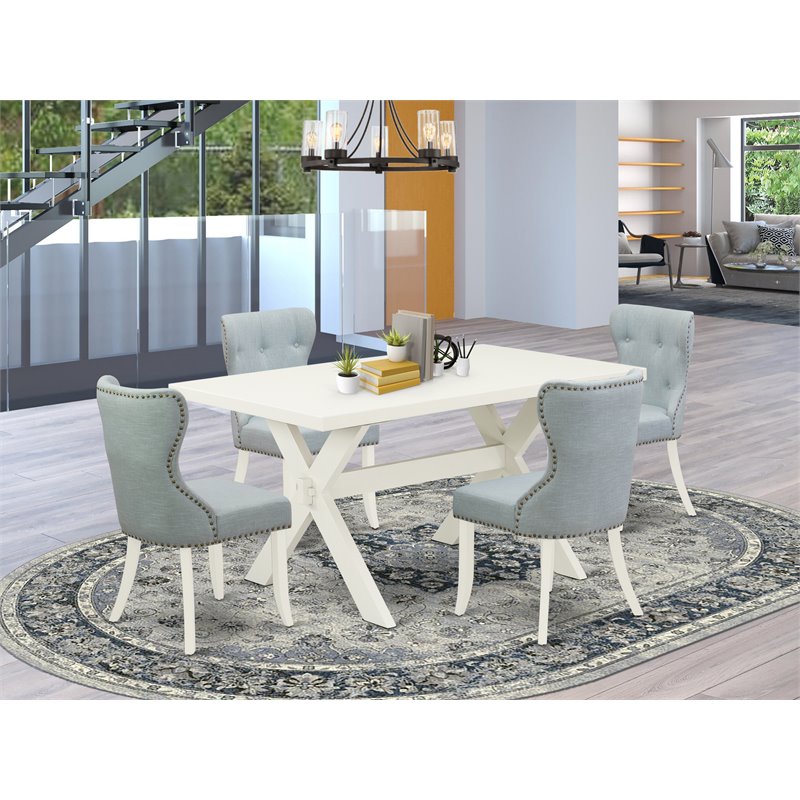 East West Furniture X-Style 5-piece Wood Dining Set with Linen Seat in White