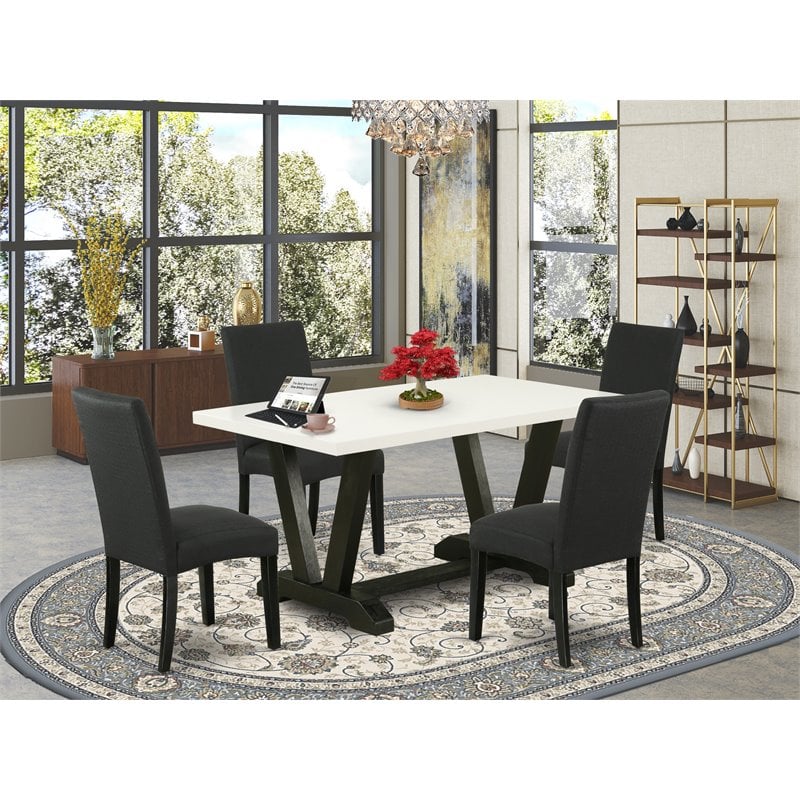 East West Furniture V-Style 5-piece Wood Dining Room Set in White/Black