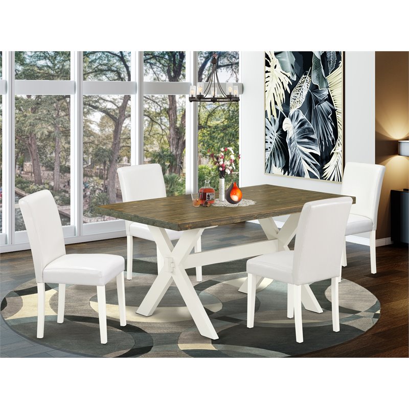 East West Furniture X-Style 5-piece Wood Dining Set with Leather Seat in White