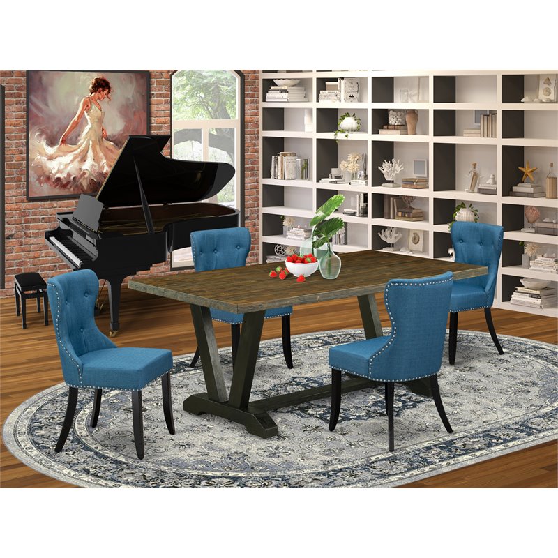 East West Furniture V-Style 5-piece Dining Set with Button Tufted Back in Black