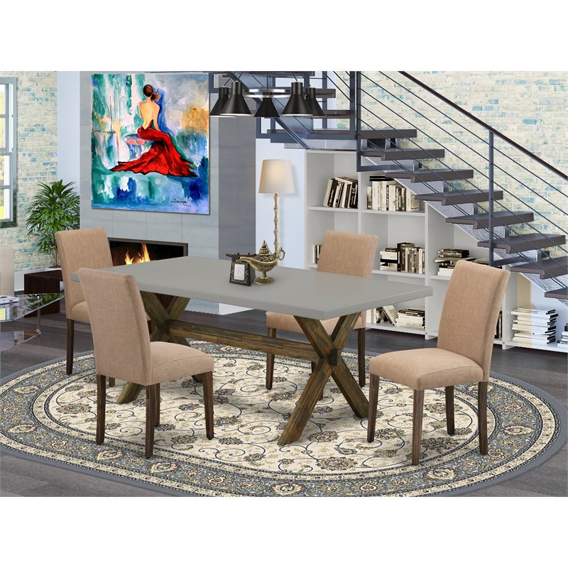 East West Furniture X-Style 5-piece Dining Set in Brown/Cement/Light Sable