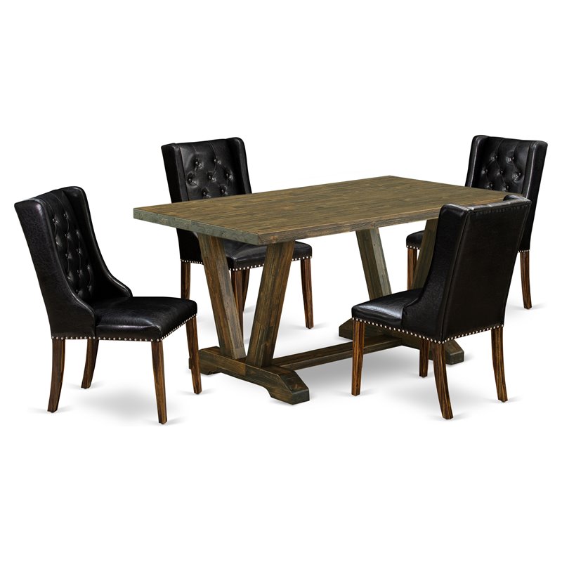 East West Furniture V-Style 5-piece Dining Set with Leather Seat in Brown/Black