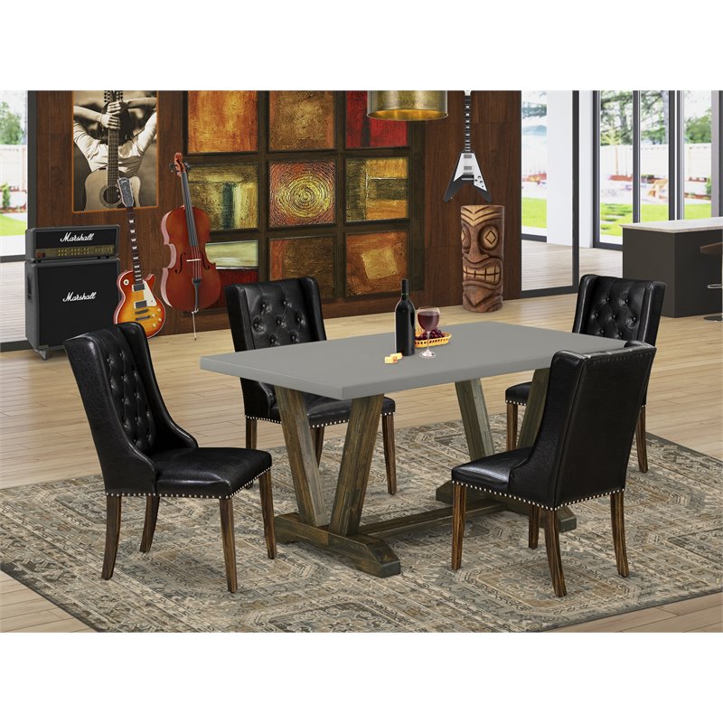 East West Furniture V-Style 5-piece Wood Dining Set in Jacobean Brown/Cement