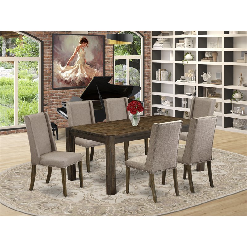 East West Furniture Lismore 7-piece Wood Dining Set in Jacobean Brown/Dark Khaki