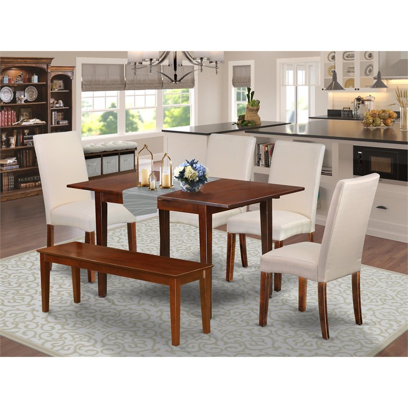 East West Furniture Picasso 6-piece Wood Dining Set with Bench in Mahogany/Cream