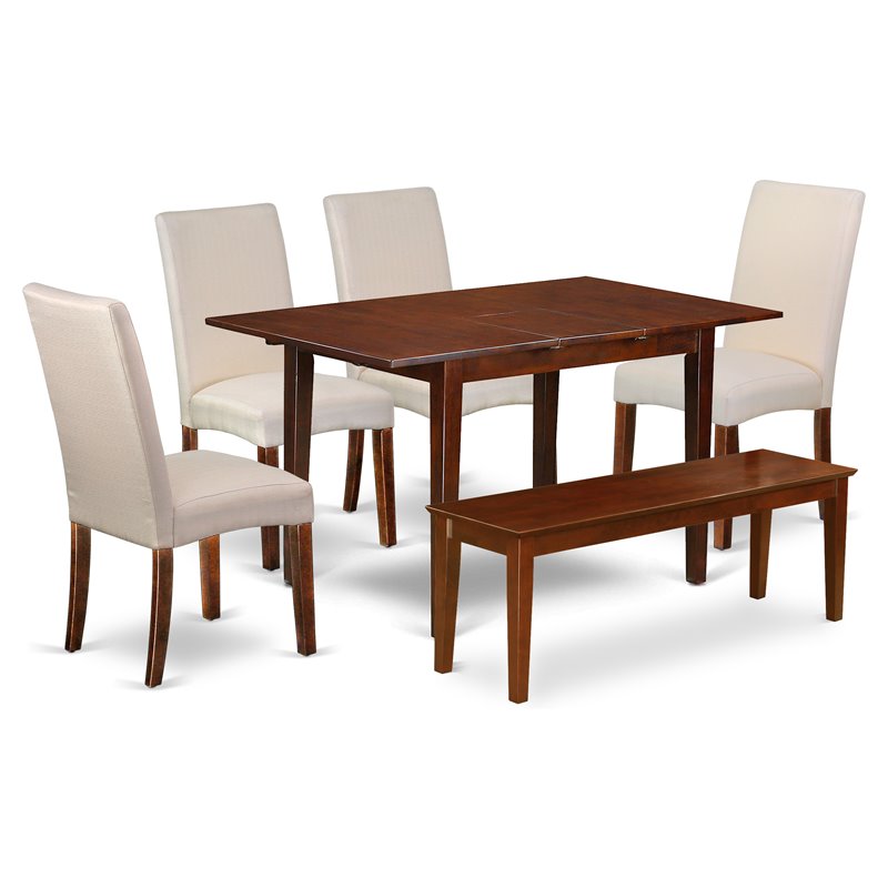 East West Furniture Picasso 6-piece Wood Dining Set with Bench in Mahogany/Cream