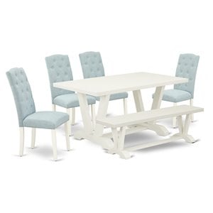 East West Furniture V-Style 6-piece Wood Dining Set in Linen White/Baby Blue