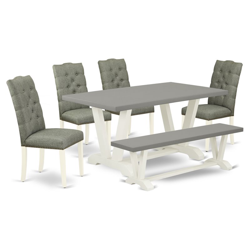 East West Furniture V-Style 6-piece Wood Dining Room Set in Linen White/Smoke