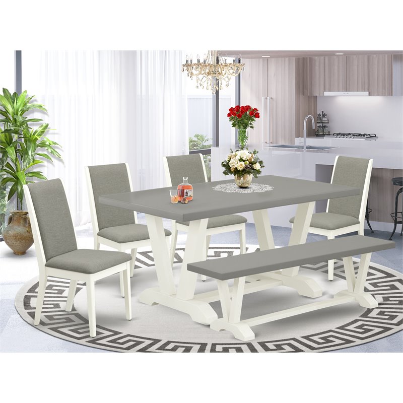 East West Furniture V-Style 6-piece Wood Dining Table Set in White/Shitake