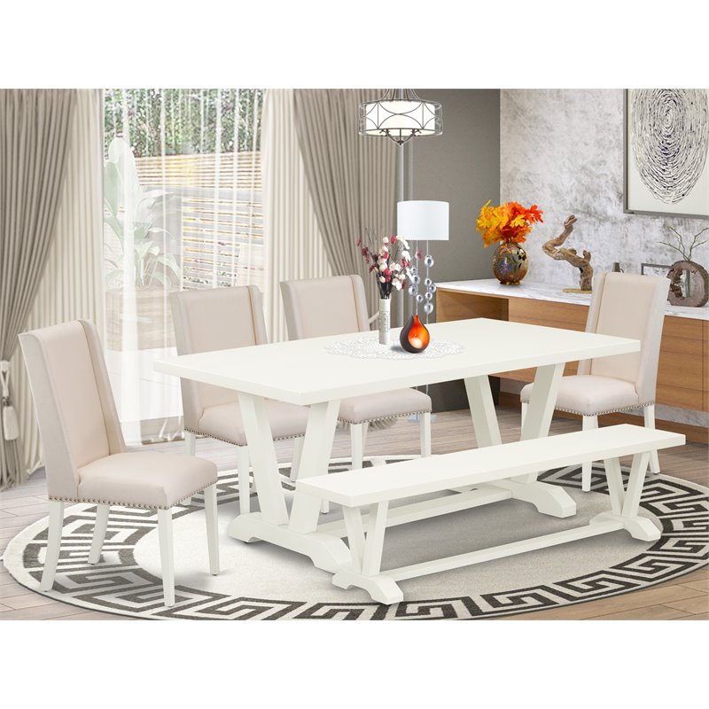 East West Furniture V-Style 6-piece Wood Dining Set with Bench in Linen White