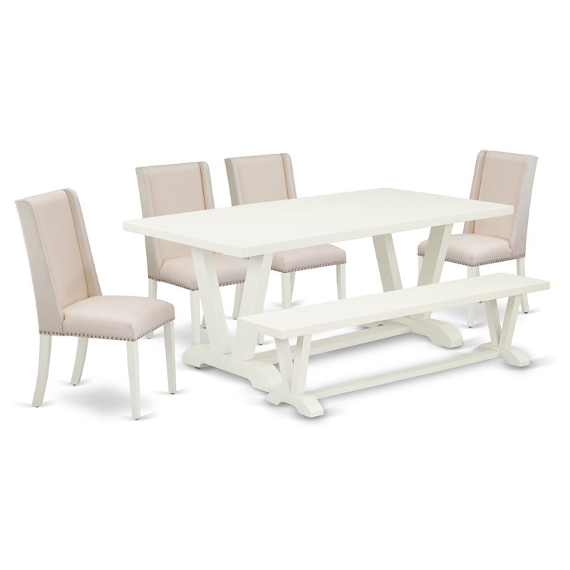East West Furniture V-Style 6-piece Wood Dining Set with Bench in Linen White