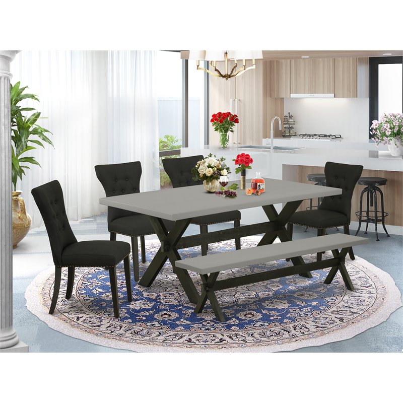 East West Furniture X-Style 6-piece Wood Dining Set with Fabric Seat in Black