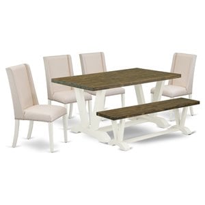 East West Furniture V-Style 6-piece Wood Dining Set in Linen White/Cream