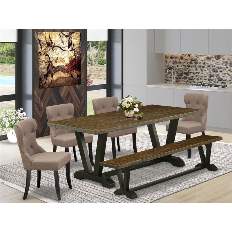 East West Furniture V-Style 6-piece Wood Dining Set with Bench in Black
