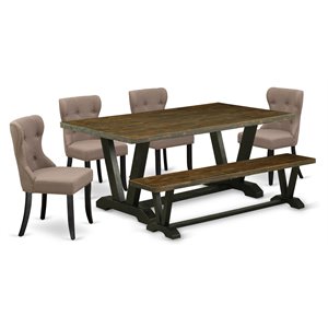 East West Furniture V-Style 6-piece Wood Dining Set with Bench in Black