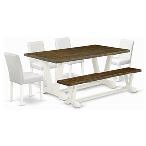 East West Furniture V-Style 6-piece Wood Dining Table Set with Bench in White