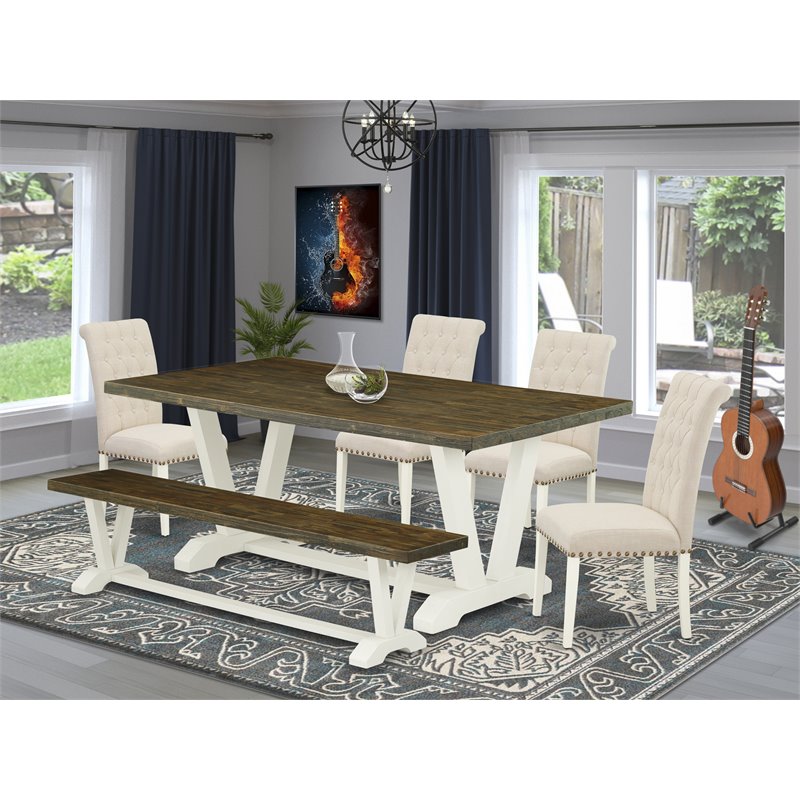 East West Furniture V-Style 6-piece Wood Dining Set in White/Light Beige
