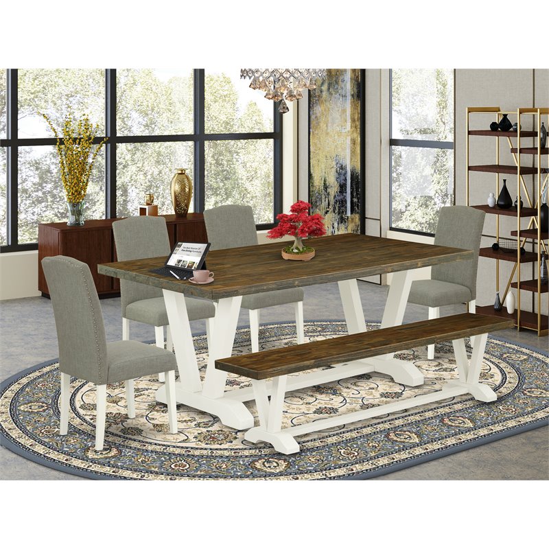 East West Furniture V-Style 6-piece Wood Dining Table Set in White/Dark Shitake