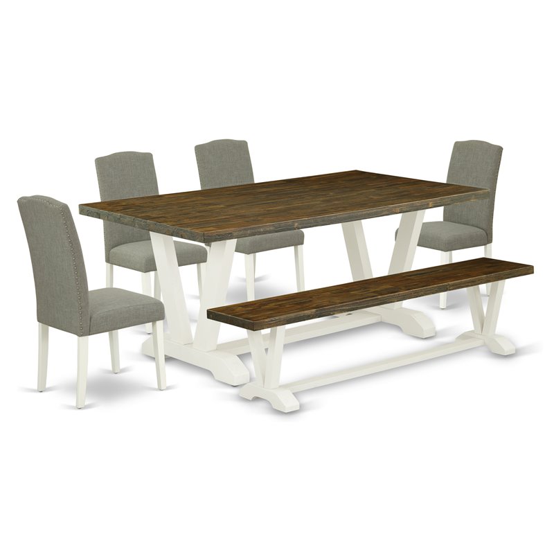 East West Furniture V-Style 6-piece Wood Dining Table Set in White/Dark Shitake